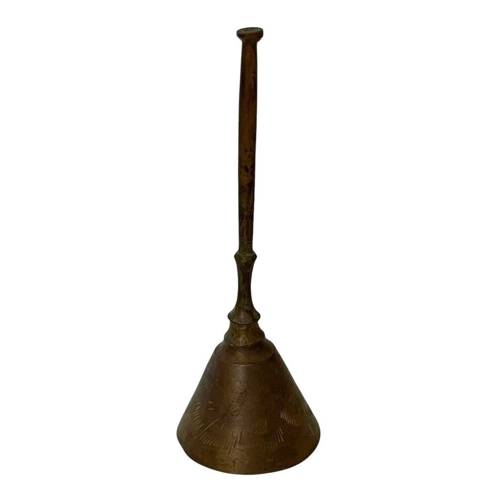 Vintage Etched Brass Hand Bell Ornate Design Small Dark Patina